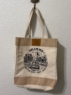 Salem, MA Canvas Tote Bag with Witch City Graphic - Cream & Tan